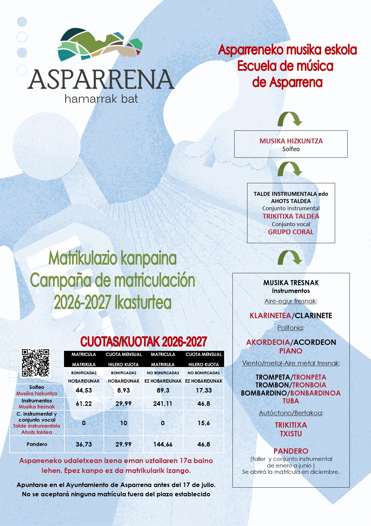 ASPARRENEKO UDAL MUSIKA ESKOLA. 2026-2027 IKASTURTEKO MATRIKULAZIO KANPAINA